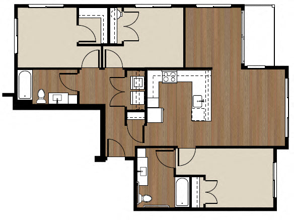 Floor plan for 3 beds, 2 baths, 1143 sqft